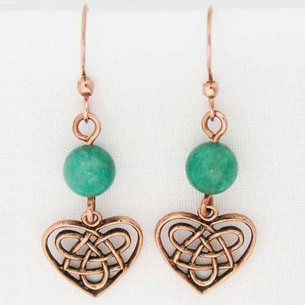 Celtic Knot Work Heart Shaped Earrings with Colorful 8mm Gemstone Bead ECD02X Solid Copper Earrings celtic-copper-jewelry.myshopify.com