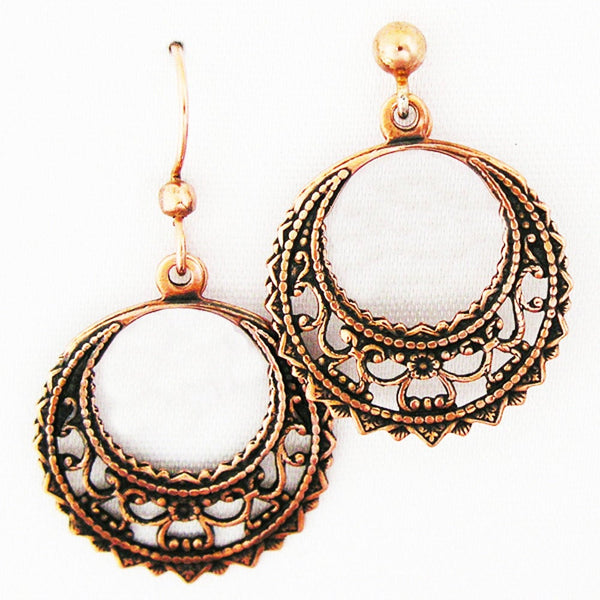 Copper Filigree Round Crescent Earrings with Beaded Freshwater Pearl Fringe ECD48P6 Solid Copper Earrings with Pearls
